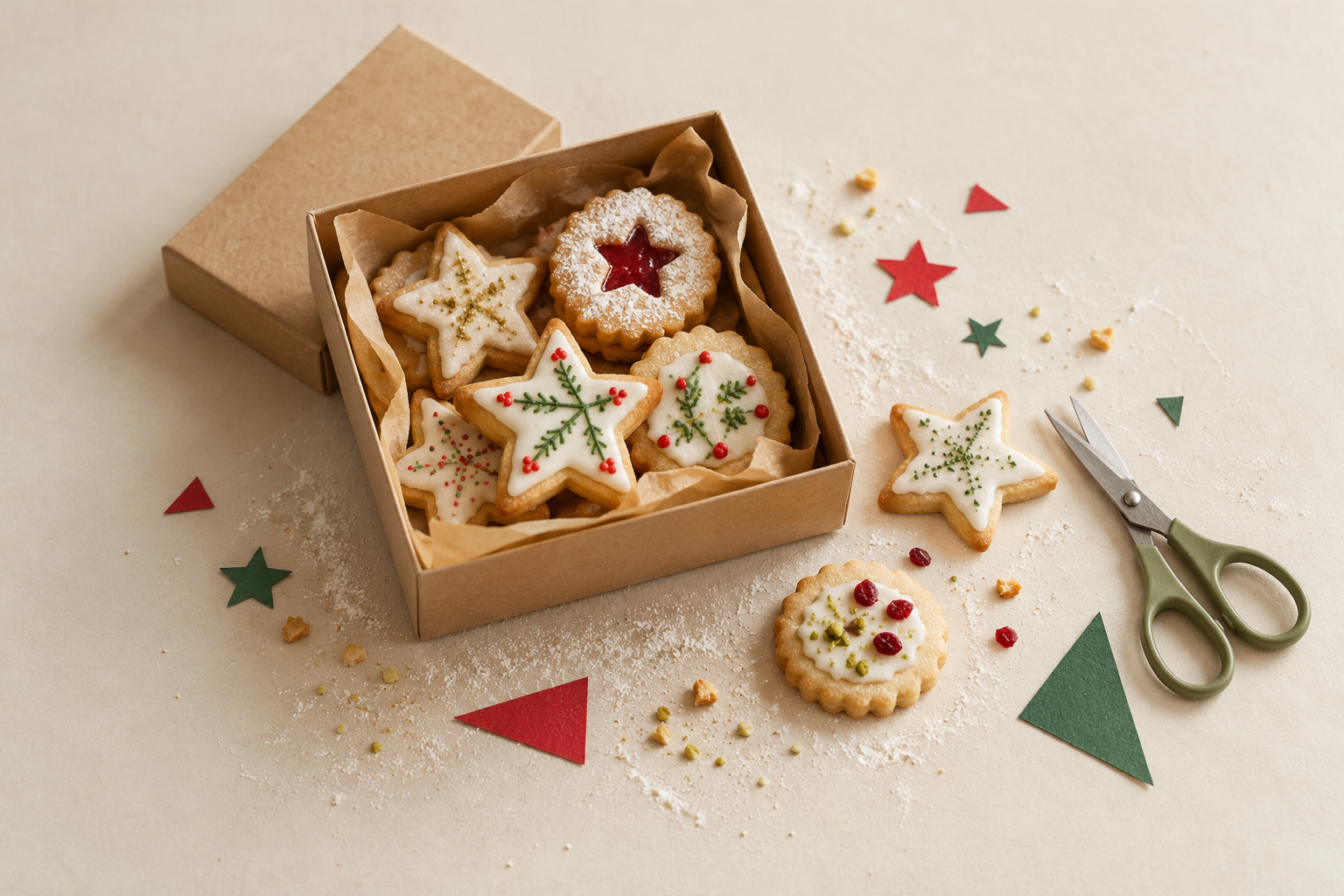 Selbstgebackene Plätzchen in einer Pappschachtel, daneben Plätzchen, Schere und Papierschnipsel
